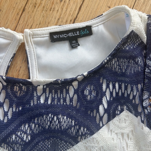 My Michelle Navy and White Kids Lace Dress - Picture 2 of 9